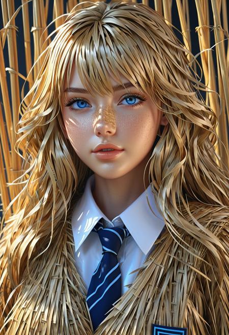 1girl with blue eyes and wavy long hair in a school uniform made of straw, hair down, symmetrical facial features, full body, occlusion shadow, specular reflection, rim light, unreal engine, artgerm, artstation, art by hiroaki samura and ilya kuvshinov and ossdraws, high quality, intricate detailed 8k, fantasy illustration, extremely beautiful and aesthetic shape of face and body <lora:SDXL\made_of_straws.safetensors:1.0>, (sharp focus:1.2), (realistic texture:1.3), (dynamic composition:1.1), (4k:1.1)