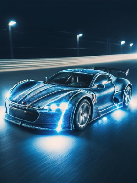 electric super sportscar made out of ral-jeans <lora:ral-jeans-sdxl:1> driving on a racetrack with high speed, long exposure, at night, reflective lights