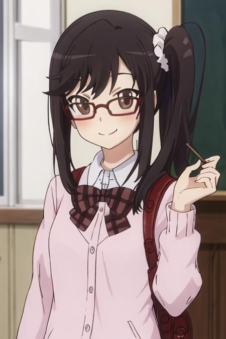 best quality, masterpiece, highres, solo, {ichijou_hotaru_nonnonbiyori:1.15}, black_hair, long_hair, brown_eyes, blush, brown_hair, 1girl, bow, glasses, school_uniform, side_ponytail, scrunchie, looking_at_viewer, smile