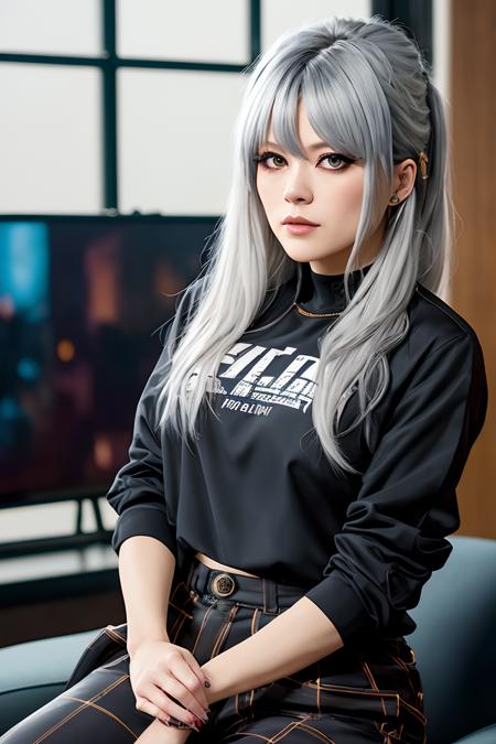 photo of (fukicommune:0.99), a woman as a sexy rock singer, (being interviewed on tv), (in a CNN tv studio), (wearing an emo rock outfit:1.1), (black top with a logo), (white hair), (doing a peace sign with her hands), modelshoot style, (extremely detailed CG unity 8k wallpaper), photo of the most beautiful artwork in the world, professional majestic oil painting by Ed Blinkey, Atey Ghailan, Studio Ghibli, by Jeremy Mann, Greg Manchess, Antonio Moro, trending on ArtStation, trending on CGSociety, Intricate, High Detail, (Sharp focus:1.1), dramatic, photorealistic painting art by midjourney and greg rutkowski, (trousers), ((looking at viewer:1.2)), (detailed pupils:1.3), (extremely sexy:1.2)