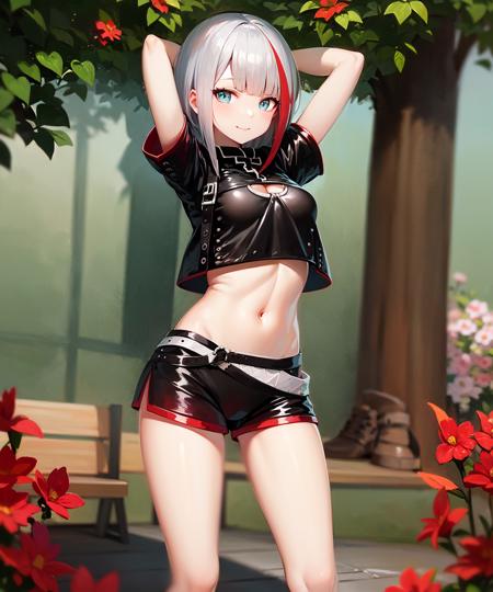 beautiful detailed background, garden, flowers, trees
ultra-detailed, masterpiece, illustration, 8k, masterpiece world theater, realistic shadows, gradient, volumetric lighting, ambient lighting, beautiful detailed eyes, beautiful detailed face,
admiral graf spee (azur lane), 1girl, solo, tube top, midriff, cropped jacket, bike shorts, sneakers, arms up, light smile, human hands
cowboy shot, from front, <lora:Speefinal-000020:1>