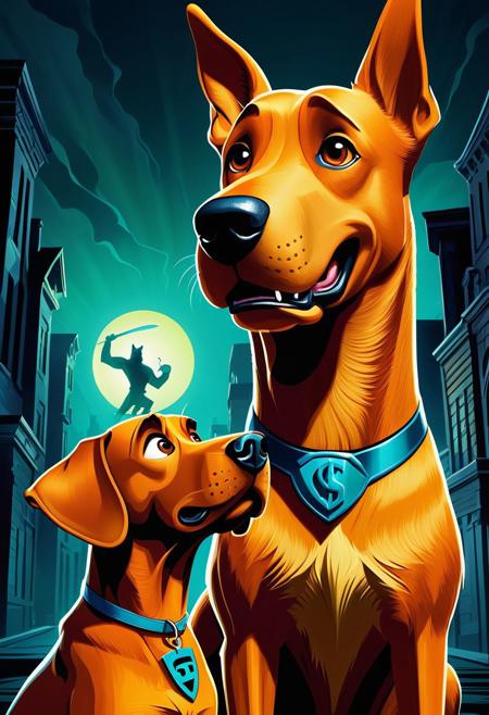 Expressionism - Horror illutration depicting digital illustration of Superhero Dog Scooby Doo hears Shaggy in danger!