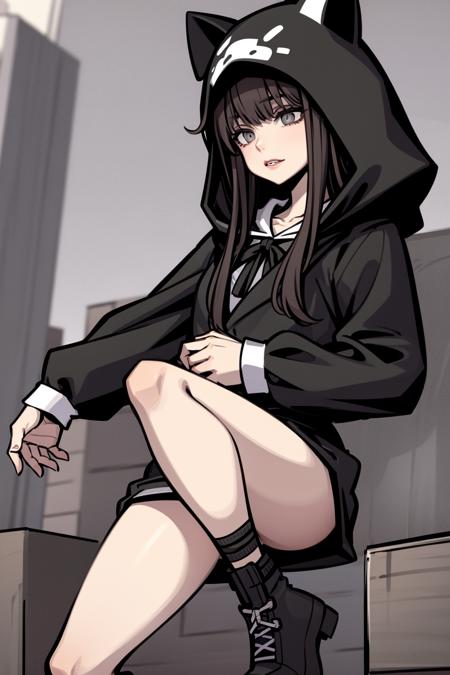 masterpiece, best quality, highly detailed,  shoka \(twewy\), 1girl, animal hood, black hoodie, grey eyes, black hair, city background, thick lineart