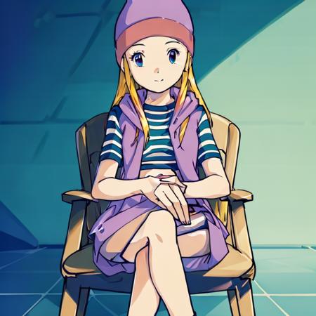 mature female, masterpiece, mistress, goddess, realistic,ultra-detailed, ultra high res, high quality, 4K, solo, 1girl,extreamly delicate and beautiful,illustration,masterpiece,(illustration),digimon,fullbody,sitting,crossed legs,blonde hair,purple striped shirt,purple skirt,purple hat,