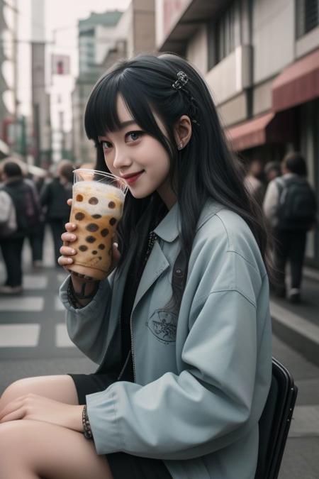 4K,8K. An attractive american gothic punk girl, chestnut very long wavy hair, wide dreamy light blue eyes, wide smile, face close up, (holding a bubble tea,) (dynamic sitting pose, on the street)