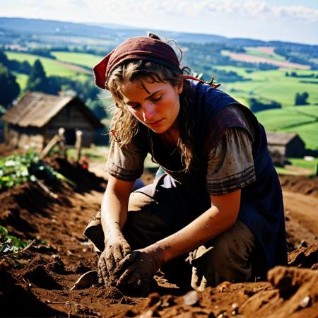 a medieval farmer digging in the dirt, 1girl, 