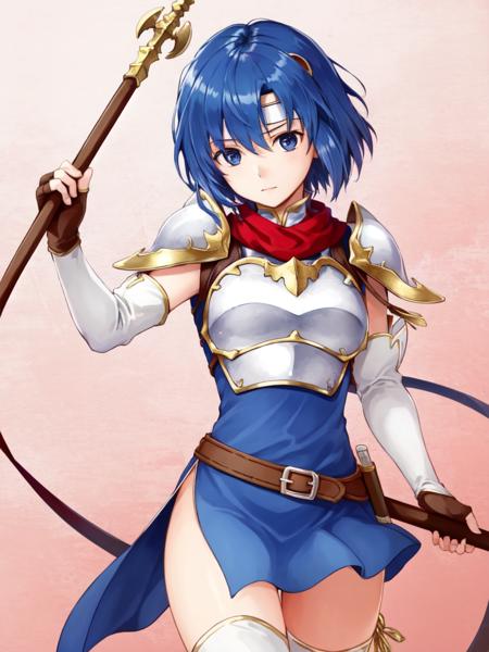 <lora:Catria_FE:0.7>, catria_nm, 1girl, solo, short hair, thighhighs, gloves, weapon, elbow gloves, fingerless gloves, armor, headband, polearm, spear, breastplate, pegasus knight uniform (fire emblem)