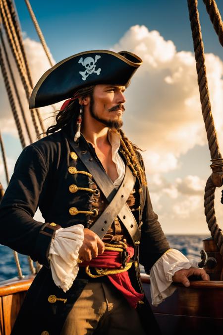 raw photo, mid portrait, handsome muscular pirate holding his sword leading his crew aboard pirate ship, large cumulus clouds in the background, exceptional skin details, golden hour, cinematic lighting, cinematic angle, (best quality:1.3), (sharp details:1.2)