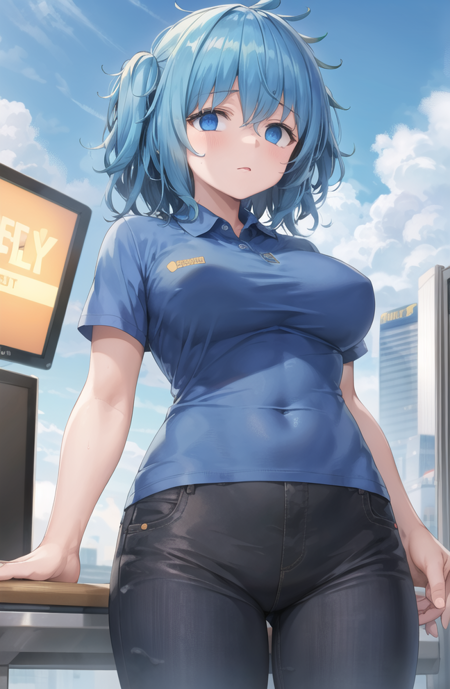 masterpiece, best quality, 1girl,<lora:char_kofji_loha:1> , char_kofji_loha, blue shirt, white skin, black pants, best_buy, blue hair,