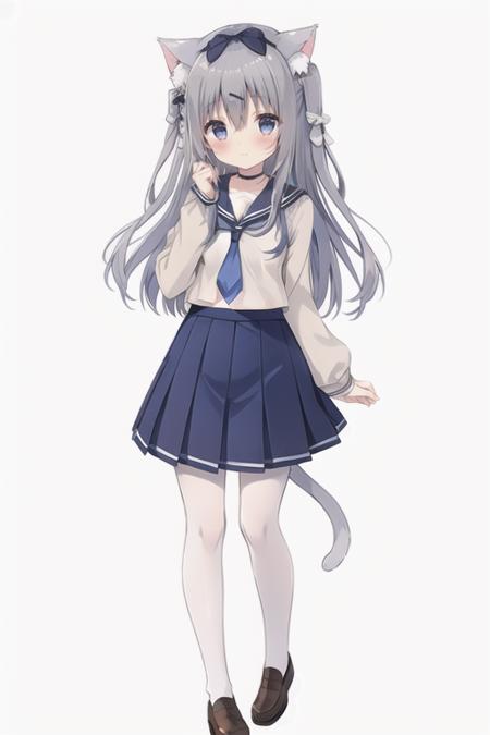 <lora:super-qianhuili-v1:1>,<lora:GoodHands-beta2:1> nice hands, perfect hands
qianhuili, 1girl, solo, tail, animal ears, pantyhose, skirt, shirt, cat tail, cat ears, brown footwear, long sleeves, long hair, blush, cat girl, tail ornament, pleated skirt, white background, white pantyhose, blue skirt, shoes, bow, animal ear fluff, loafers, hair between eyes, sleeves past wrists, simple background, bangs, closed mouth, white shirt, school uniform, hair bow, full body, necktie, standing, grey hair, serafuku, very long hair, sailor collar, looking at viewer, ribbon, hair ornament, white bow, white sailor collar, hand up, tail bow, blue necktie, blue eyes