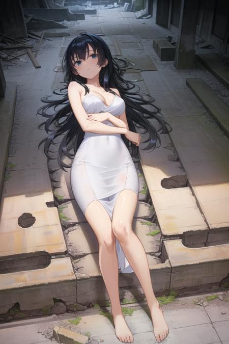 (masterpiece:1.2),best quality,illustration,beautiful detailed girl,

(looking at viewer),
(full body,standing:1.0),(very wide shot:1.2),
medium breasts,long hair, black hair,white long sundress,(lying,on ground:1.3),
(night factory ruins:1.1),(night:1.4),indoors,rubble,
<lora:FactoryRuins_v10:0.4>