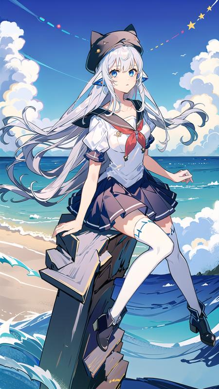 masterpiece, best quality,rotaenoilot,  <lora:IlotRotaenoV1.0:0.8>, full body,1girl, solo, thighhighs, blue eyes, hat, long hair, white thighhighs,looking at viewer, short sleeves, bangs, sitting, skirt, black footwear, boots, white dress, dress, sailor collar,black headwear, collarbone, neckerchief, pleated skirt, breasts, zettai ryouiki, animal hat, hair ornament, grey hair, sitting on beach, ocean background