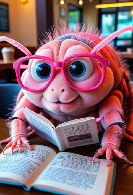 FLUX.1 cinematic style, very cute and kawaii pink cockroach wearing eyeglasses while reading a book and sipping coffee in a cafe, instagram photo,