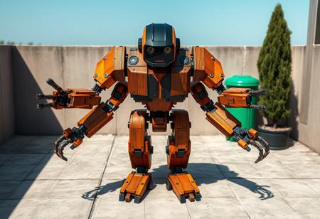A large, imposing biorobot, meticulously constructed from textured wood and aged metal, dominates the center of the frame. Its body is a vibrant, multi-colored mix of orange and brown hues, contrasting sharply with its stark black head. Standing tall on a weathered concrete patio, its substantial form casts a dynamic shadow. The robot's arms are outstretched, poised as if ready for immediate action, while its legs are spread wide in a powerful stance of readiness. In the slightly blurred background, a vivid green trash can and a sturdy tree stand, adding elements of the ordinary to this extraordinary scene. The composition is impeccable, with the robot as the clear focal point, utilizing a creative angle and intentional focus. This is a high-res, 4K photographic render with Exceptional Quality and Lifelike Details. Super Detailed Face and Eyes, although a robot, show mechanical precision and detail. Handcrafted with Precision, High Quality, Contemporary Aesthetics, Impeccable Composition, Attractive Background, Balanced Editing, Well-timed Moment, Dynamic Action Pose, Captivating Lighting. CGSociety, Artstation Trending on ArtstationHQ. Golden Ratio applied. No text.
