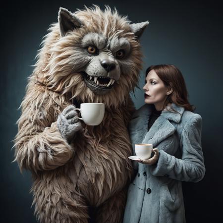 a woman with a coffee cup is being held, next to a giant furry creature, in the style of surreal fashion photography, ominous, elegant, emotive faces, characterized animals, hasselblad 1600f, furry art, eye-catching composition