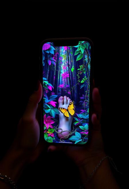 POV image of a woman holding a phone with one hand and putting the other hand inside the phone, inside a very dark prison cell. the phone displays a lush jungle filled with vivid and colorful plants and trees, illuminating mystical light. vines and leaves come out of the phone and tangles with the woman's foot, making the image magical and whimsical. fireflies surround the phone. a colorful butterfly landed on the woman's foot inside the phone. the phone looks like a portal into the jungle. the room is empty and gloomy dark. <lora:PCB_Image_Enhancer_for_FLUX:0.7>