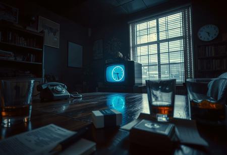Retro noir-themed decor. Photo shot on a Leica M11, deep contrast, cinematic shadows, ISO 200. Summilux-M 35mm f/1.4 lens. Low-angle perspective with a layered foreground. Cool-toned atmosphere with moody lighting.
A dimly lit mid-century room with an old rotary phone resting beside an overflowing ashtray. The soft flicker of a CRT television reflects off the glossy wooden table, casting rippled shadows across the walls. A neon clock hums faintly, bathing the space in a cool blue glow.
Moonlight seeps through partially opened blinds, striping the dusty bookshelves with dramatic contrast. The dark ceiling absorbs most of the light, making the neon accents pop. A blurred foreground features a pack of cigarettes and an old camera, framing the shot with a film-noir aesthetic. A half-drunk glass of whiskey sits on the windowsill, next to an unopened letter, its edges curling from time. The air feels thick, the weight of forgotten conversations lingering in the dim light.