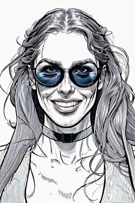 The color art style should reflect Frank Miller's graphic novel style: a dynamic graphic novel style, reminiscent of Frank Miller's gritty lines and bold contrasts. Drawing from Frank Miller's art style of dynamic line art, the scene captures the essence of his work.
beautiful lady, (freckles:0.5), big smile, hazle eyes,bob hair, dark makeup, hyperdetailed photography, soft light, head and shoulders portrait, cover a woman standing on a beach, jumpsuit, belt, cleavage, sunglasses, smile, sunset, upper body portrait,
slim_thick, busty, blonde hair, 
The color art style should reflect Frank Miller's graphic novel style: a dynamic graphic novel style, reminiscent of Frank Miller's gritty lines and bold contrasts. Drawing from Frank Miller's art style of dynamic line art, the scene captures the essence of his work.