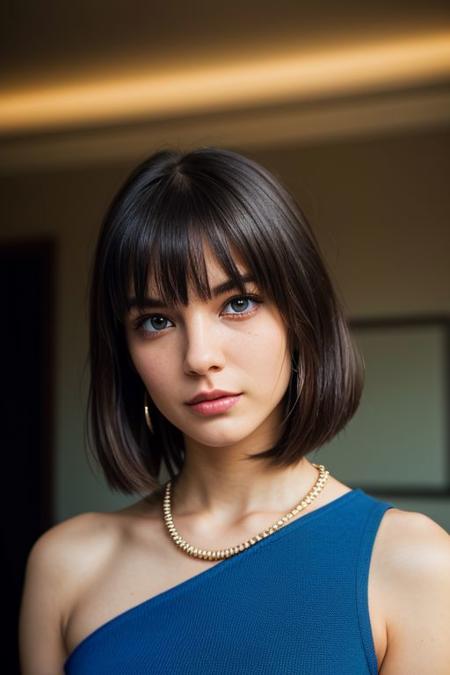 cute girl posing for a photo, good hand and feet ,4k, high-res, masterpiece, best quality, head:1.3,((Hasselblad photography)), finely detailed skin, sharp focus, (cinematic lighting), collarbone, night, soft lighting, dynamic angle, [:(detailed face:1.2):0.2], inside mansion,     short hair bangs, beautiful face, petite, small breast, armpit, seducing pose, arms above head, portrait shot, necklace, earring, sharp blue eyes, angry expression, partial nudity, formal blue laced dress, nip slip,