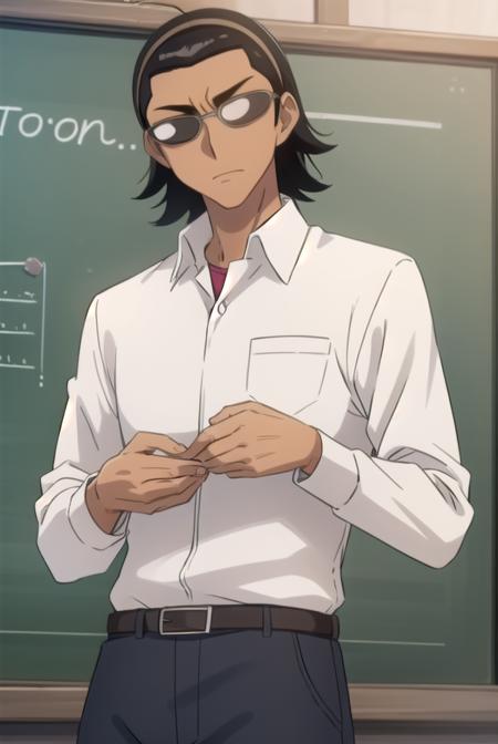 kenjiharima, <lora:kenji harima s2-lora-nochekaiser:1>,
kenji harima, black hair, male focus, glasses, dark skin, dark-skinned male hair band, ahoge,
BREAK school uniform, belt, shirt, white shirt, collared shirt, long sleeves, pants, black pants,
BREAK indoors, classroom,
BREAK looking at viewer, (cowboy shot:1.5),
BREAK <lyco:GoodHands-beta2:1>, (masterpiece:1.2), best quality, high resolution, unity 8k wallpaper, (illustration:0.8), (beautiful detailed eyes:1.6), extremely detailed face, perfect lighting, extremely detailed CG, (perfect hands, perfect anatomy),