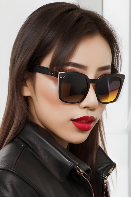 (<lora:ndoshi:0.5>), hyperrealistic, raw, shot on red camera, (kpop makeup1.4), ((black small square sunglasses)), (reflection in sunglasses:1.4), (leather jacket:1.2), red lipstick, soft light, ((glass)), hyperrealistic reflection