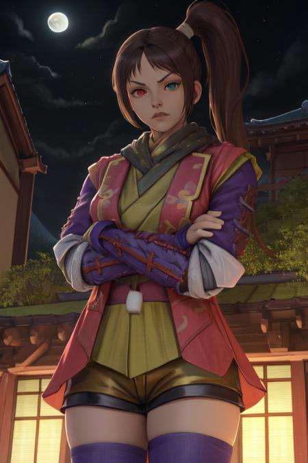 Akane,brown hair,heterochromia,ponytail,side ponytail,  mean face,  looking at viewer,  arm crossed arms, 
Yagyu,toeless legwear,thighhighs,armor,fingerless gloves,shorts,scarf,
 upper body,  face focus,    from above,  standing, 
Japanese building,nighttime,moon,Sengoku period, wall, 
(insanely detailed, beautiful detailed face, masterpiece, best quality)  <lora:AkaneYagyu:0.7>,