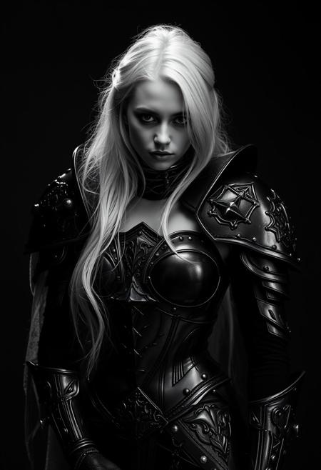 Beautiful albino girl, sexy armour, long hair, studio photography style, top hard light, black and white vintage photography, gothic, mysterious, dark environment, grunge, abstract cinematic scene, at day