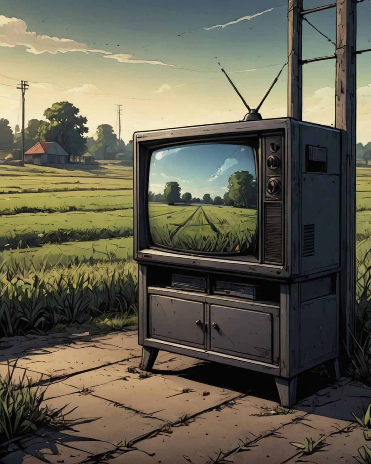 A vintage television set in a field, with grass and a house in the background.