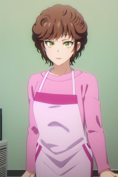 keikikisaragi, <lora:keiki kisaragi s1-lora-nochekaiser:1>,
keiki kisaragi, short hair, brown hair, (green eyes:1.3), smile,
BREAK shirt, apron, pink shirt,
BREAK indoors, kitchen,
BREAK looking at viewer, (cowboy shot:1.5),
BREAK <lyco:GoodHands-beta2:1>, (masterpiece:1.2), best quality, high resolution, unity 8k wallpaper, (illustration:0.8), (beautiful detailed eyes:1.6), extremely detailed face, perfect lighting, extremely detailed CG, (perfect hands, perfect anatomy),