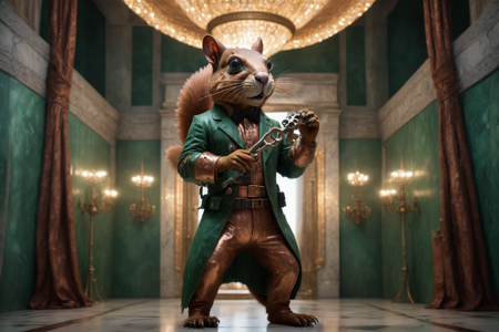 ((a copper squirrel inventor with a curious look, wearing goggles and a tool belt, holding a tiny wrench, solo):2.5), ((a grand royal hall with marble floors, velvet curtains, golden chandeliers, a copper throne in the center, detailed background):2.2), ((giving a speech, gesturing with a paw, looking friendly, cheeky grin, winking playfully, tail wagging, dynamic angle, wide shot):1.9), ((a copper accordion, keys gleaming, slightly worn):1.5), ((best quality, vibrant colors, photorealistic style, pulsing glow, natural earth tones, warm browns and greens, dim light, overhead shot):1.8), <lora:MadeOfCopper01_CE_SDXL:1>