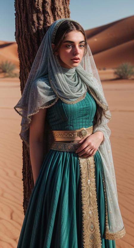 PA7_Photo, k1m1ya, detailed eyes, detailed lips, slim waist, wide hips, (photo taken on Hasselblad XD1, 8k, ultra high quality), 85mm, (analog, cinematic:1.3), wearing a modern Iranian costume, beautiful outdoor background, desert oasis, <lora:epiCRealismHelper:0.99>, <lora:add_detail:1>,  <lora:ClothingAdjuster3:-0.8>, <lora:cleavage:-0.8>