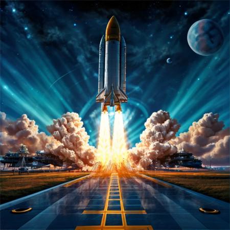 Rocket,  cityscape, space, planet, no humans, ground vehicle, cloud, sky, flying, star_\(sky\), city, science fiction , super-reaslitic, 8k, best quality, moon,  <lora:rocketStart:0.95>