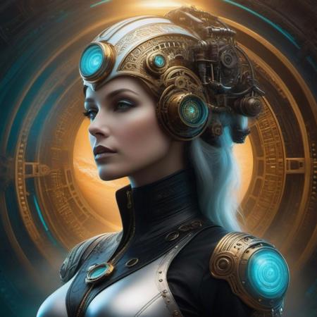 Mid body Woman with fine high tech skin details, detailed face, sf, steampunk small,intricate artwork masterpiece, white and black pastel ratio, background is the earth planet on golden hour with cyan light, fog ambiance, ominous, matte painting movie poster, by Anne Stokes and Phil Koch
