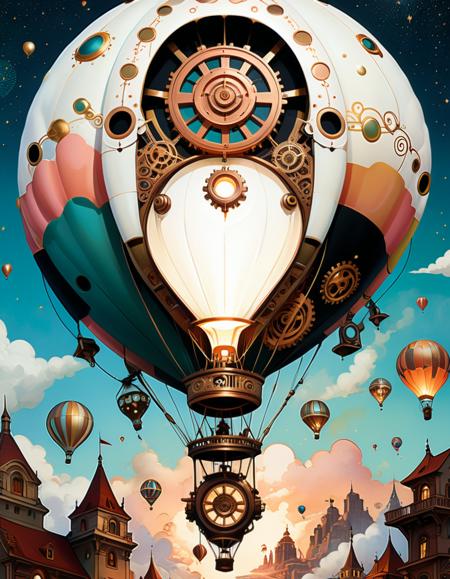((page of a comic book)) White steampunk hot air balloons with gears, Victorian styleAncient buildings, archeological ruins of lost civilizations and technologyrose gold cosmic backgroundcosmic flowersquantum steampunk gears multicolored and iridescent light colors  symbolizing the technology of other ancient civilizations. The luminous dots are represented by glowing circles with intricate patterns and symbols, signifying the decentralized nature of the blockchain network. by gil elvgren and sachin teng and greg rutkowski and alphonse mucha, inspired by david lachapelle,  <lora:xl_more_art-full_v1:1>