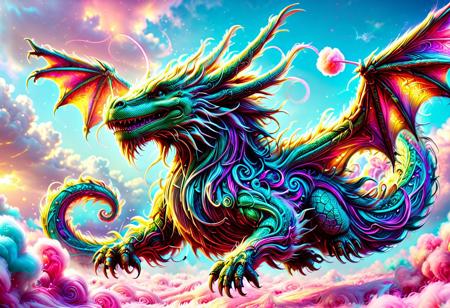 a white luck dragon made of w00kiee, flying through cotton candy clouded sky, intricate details, golden hour light, raw photo, cinematic, highly detailed, bright colors, aesthetic, fine detail, polished, complex, vibrant, symmetry, full color, perfect, ambient, unique, illuminated, epic, best, artistic, quality, dramatic, beautiful, stunning, flawless, extremely, very inspirational