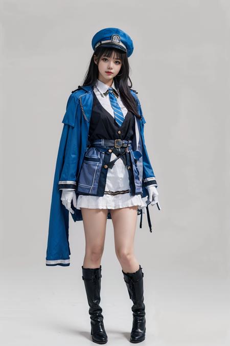 best quality, masterpiece, realistic, (photorealistic:1.4), 1girl, solo, full body, diesel cosplay costume, cosplay, jacket, hat, gloves, necktie, boots, simple background, <lora:nikke_diesel_cosplay_costume_v1:0.65>