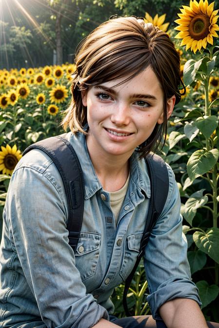 (masterpiece, best quality:1.3)
<lora:add_detail:0.7> <lora:epi_noiseoffset2:1> <lora:EllieTLOU2:0.7>
EllieTLOU2, 1girl, solo, short hair, brown hair, sitting in a sunflower field, smiling, sunlight,  close up, details, sharp focus, illustration, by Jordan Grimmer and greg r