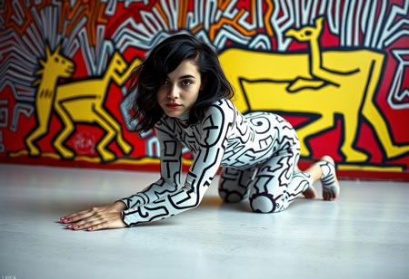 A young adult woman wearing a full bodysuit printed to resemble a Keith Haring painting, in an iconic crawling baby pose as Keith Haring Radiant Baby, crawling in front of a wall also painted like a Keith Haring signaturew painting so that she is virtually immersed in the whole environment.  In cool expression , Looking to the camera around, Leica M3 film camera