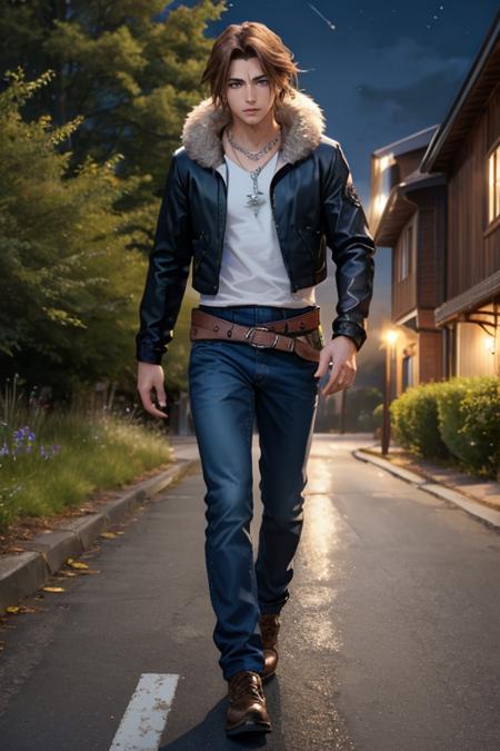 masterpiece, best quality, <lora:squall-nvwls-v1-000009:0.9> squall, scar, necklace, black jacket, fur trim, long sleeves, white t-shirt, belt, black pants, boots, walking, road, night, forest, looking at viewer