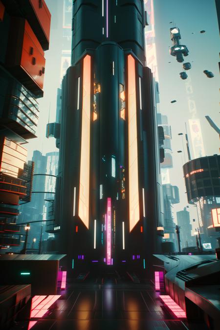 a futuristic building with a large screen and a car in the middle of the building and a lot of lights, Eve Ryder, unreal engine 5 rendered, concept art, retrofuturism, building, city, long_hair, scenery , 2077_Style