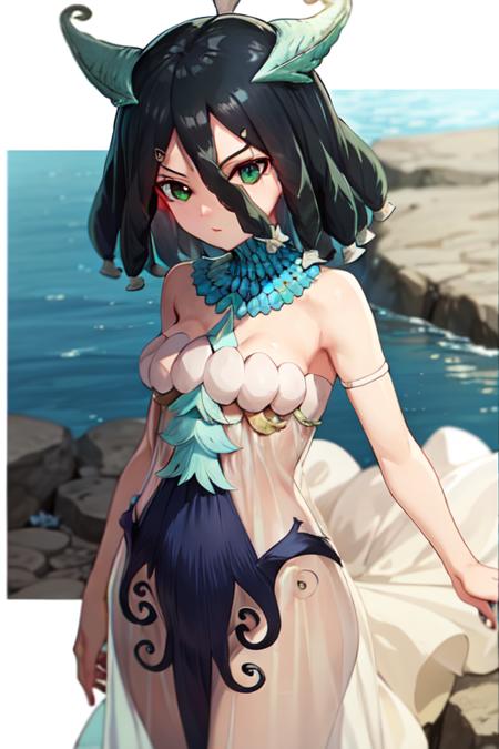 Kirisame, small breasts, black hair, hair tubes, hair ornament, green eyes, horns, hair between eyes, bare shoulders, dress, long dress, white dress, see-through dress, shell, mermaid