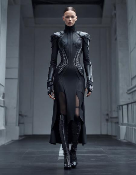 Techwear fashion <lora:Alexander McQueen-art deco-000005:1>,Alexander McQueen,art deco,dress,standing, full body,, hair, forehead, eyebrows, eyes, nose, lips, neck, collarbone, . Futuristic, cyberpunk, urban, tactical, sleek, dark, highly detailed