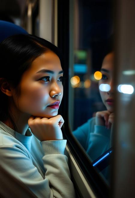 Seated by the window of a train, a Southeast Asian woman rests her chin on her hand, watching the city lights blur past. The glow from her phone screen softly illuminates her face, capturing the quiet solitude of a late commute. The reflection of her thoughtful gaze in the window adds depth to the image.