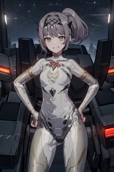 nanamibase, grey hair, grey eyes, ponytail, french braid, black choker, black dress, sleeveless dress, mechanical arms, mechanical legs, hair ornament nanamistarfarer, grey hair, grey eyes, short ponytail, circlet, white bodysuit, robot joints mecha laurel crown