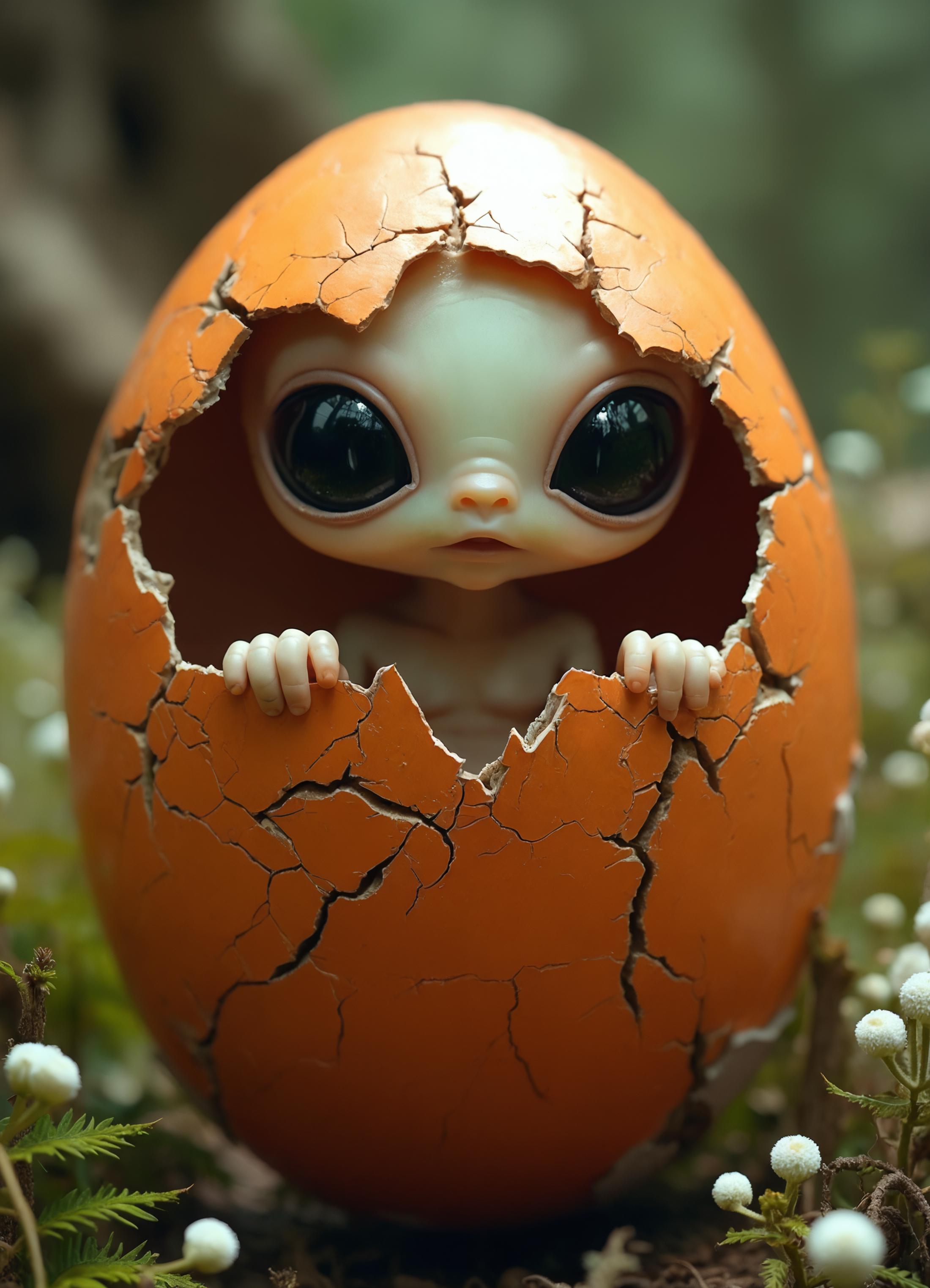 Hyperrealistic close-up photograph of an otherworldly being emerging from a large, cracking orange egg. The creature has an oversized, oval-shaped head with enormous, glossy black eyes that dominate its face. Its skin is pale and smooth, with a slightly translucent quality. A tiny, barely visible nose sits between the eyes, and no visible mouth.
The egg shell, captured in vivid detail, shows a rough, matte texture with intricate cracks spreading across its surface. The creature's delicate, human-like hands grip the edges of the broken shell, conveying a sense of cautious exploration.
The background is slightly out of focus, featuring soft, muted tones of green and brown, suggesting a natural, possibly forest-like setting. Small, round white flowers or seed pods are visible, adding depth to the scene.
Lighting is soft and diffused, creating subtle shadows that accentuate the textures of the egg shell and the being's skin. The image captures minute details with exceptional clarity: the fine lines in the creature's hands, the jagged edges of the cracked egg, and the reflections in its eyes.