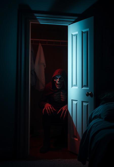 The light of a flashlight shines into a closet on the left side in a dark  bedroom, a disgusting horror monster is sitting in the closet, high detailed, high resolution, photorealistic