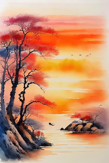 <lora:ink and wash1.5v1:1> ink and wash, sunset, no humans