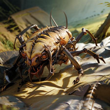  <lora:RPGAnkheg:1>ankheg:1.2, ((mandibles)), large eyes, yellow eyes, sharp teeth, antennae, spikes, ((open mouth)), meadow, realistic, 32k, cinematic, light and shadow, photorealistic, ultra photoreal, best quality