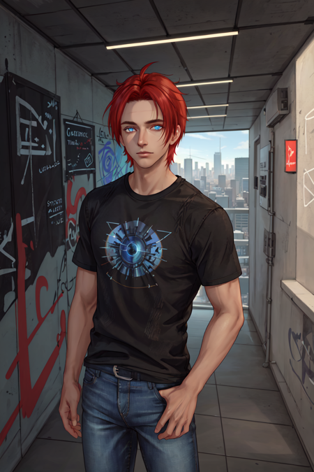 Charlie Pe'kova, ((masterpiece, best quality)), 1boy, male focus, mature male, tanned skin, tan, solo, looking at viewer, short hair, blue eyes, shirt, red hair, indoors, graffiti, extremely detailed, detailed eyes, detailed face, EpicMix-TshirtJeansSetting, <lora:Charlie:0.5>