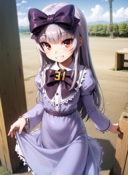 1girl,masterclass,best quality, cowboy_shot,31tanDefault, pantyhose, petite, bow, bowtie, hair_bow, juliet_sleeves,  lolita_fashion, long_sleeves,  puffy_sleeves, purple_bow, purple_dress,    brooch, numbered, purple_bowtie, frilled_dress, smile,blunt_bangs, outdoors, teeth, standing,    <lora:31tanD8V1_e6:1>